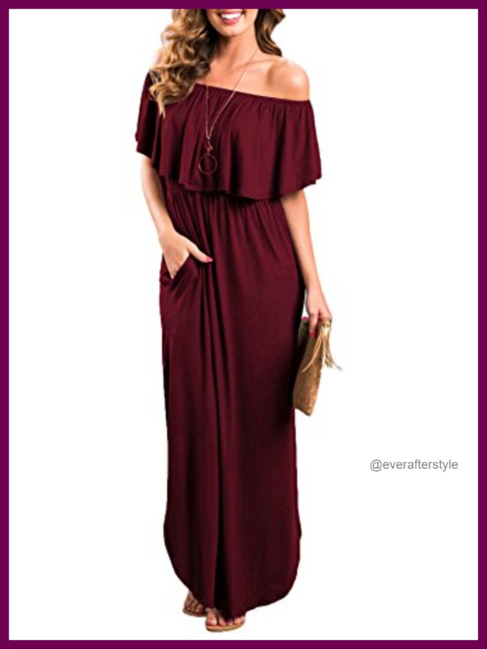 Off Shoulder Ruffle Maxi Dress with Side Split Pockets